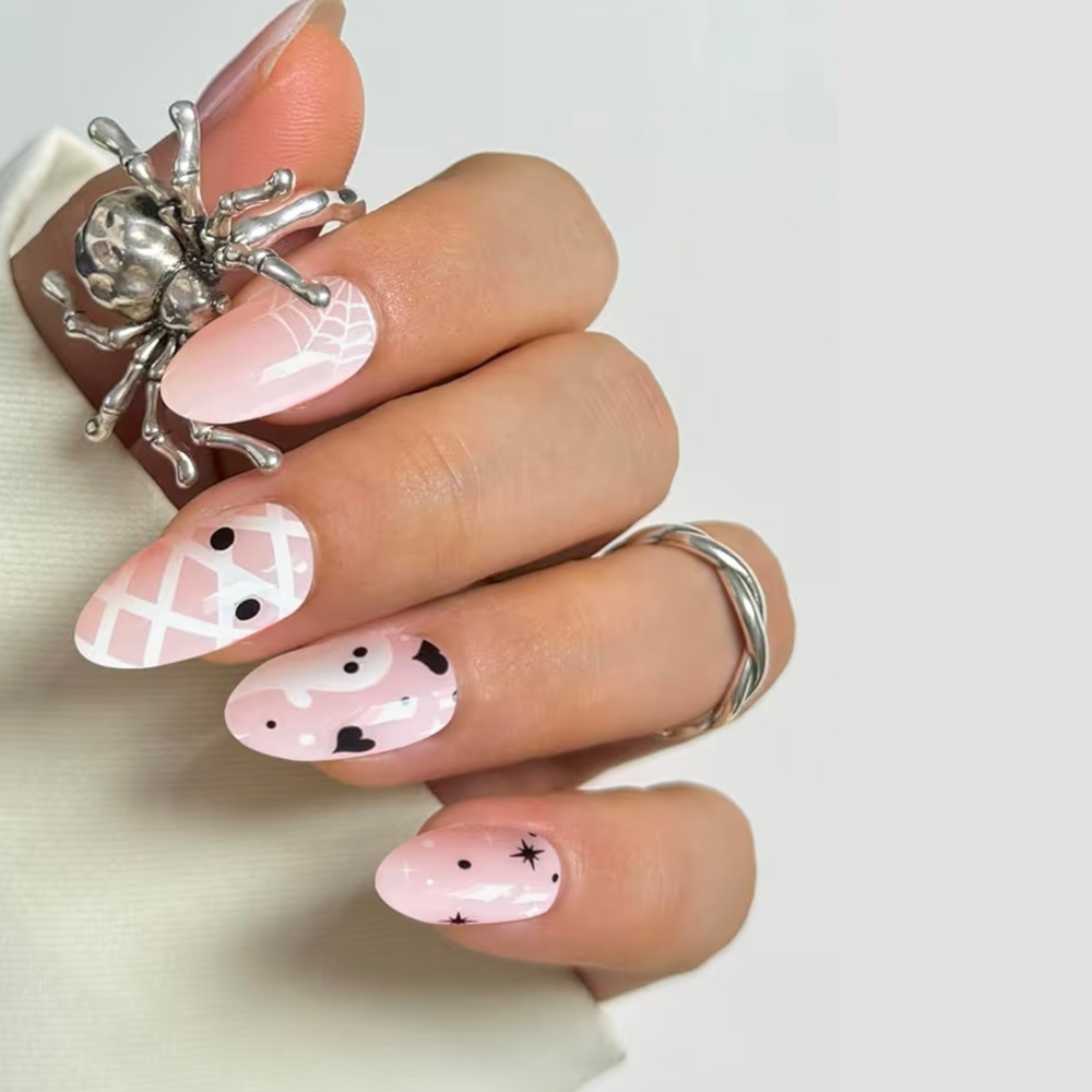 Semi Cured Gel Nail Strips Halloween Ghosts Pink 20pcs Adhesive UV Sticker Wraps